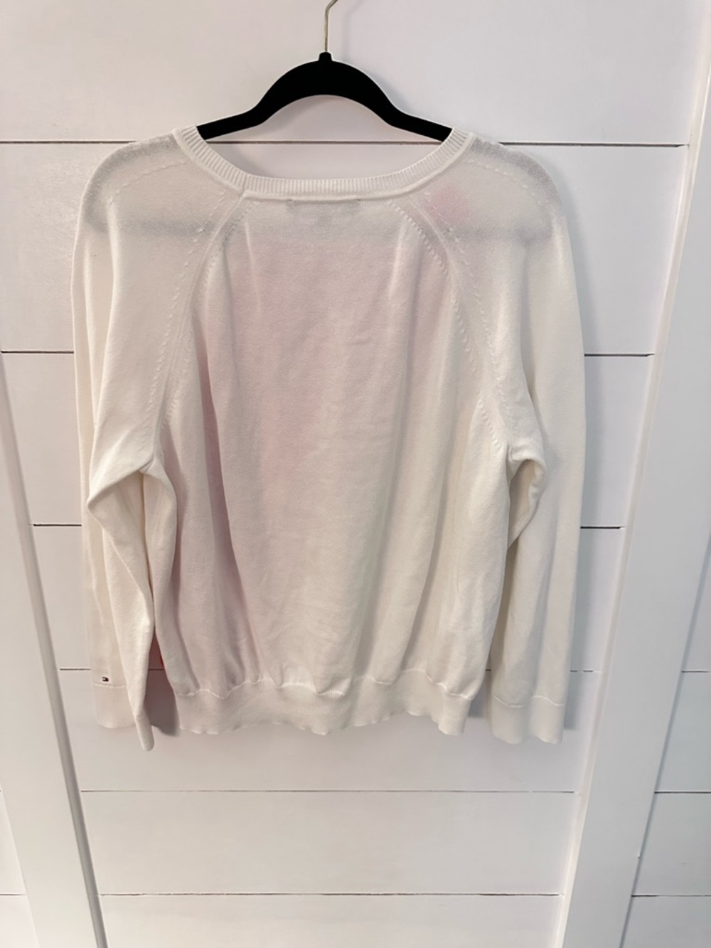 Tommy Hilfiger XL white-pink diagonal stripe crew neck cotton rib cuff sweater - Picture 3 of 11